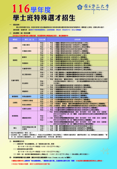 116學年度國立中正大學學士班特殊選才